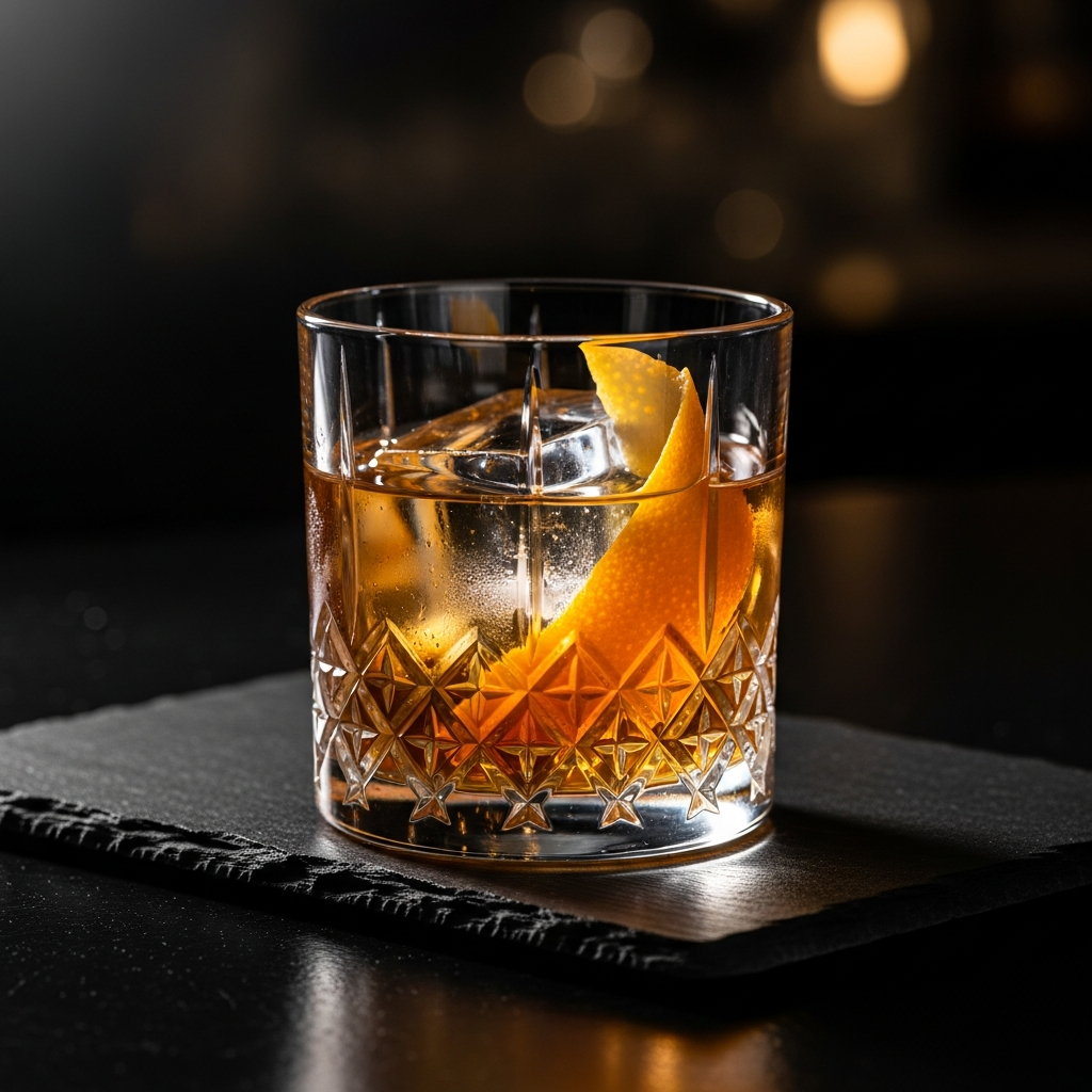 dark moody cocktail close-up on black slate bar surface, amber liquid in crystal glass, dramatic side lighting, editorial style